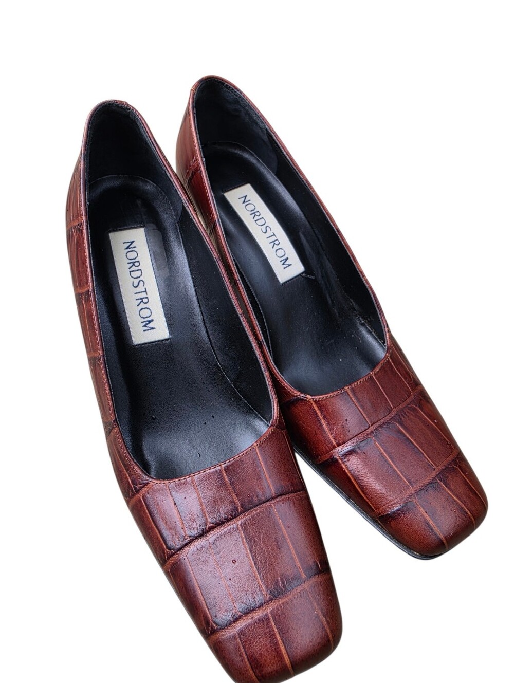 Nordstrom Italian Leather Croc Embossed Square Toe Pumps Brown Size 7M - Picture 2 of 6
